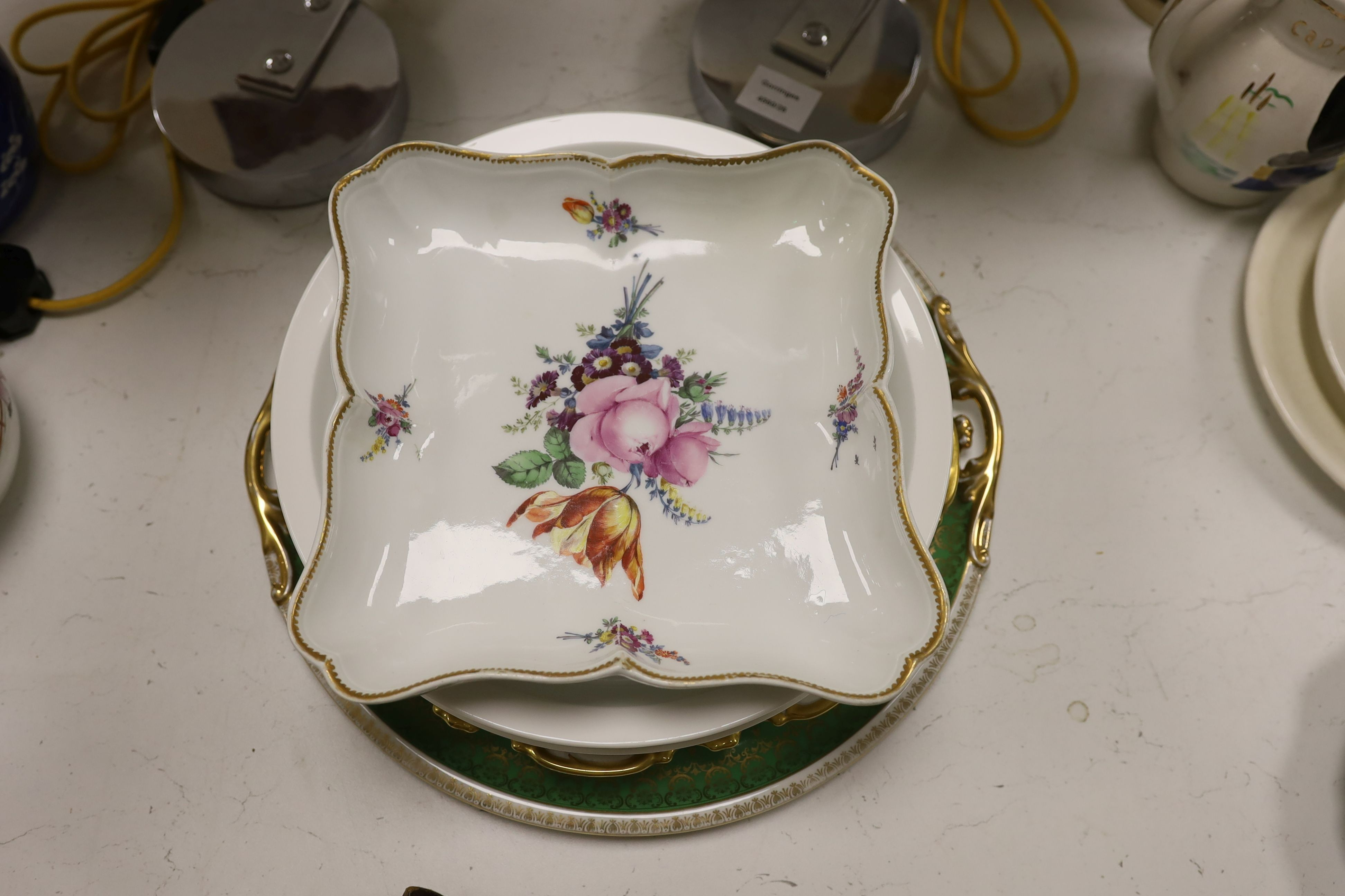 Two Sevres Louis Philippe service monogrammed dishes, dated 1842, 30.5cm a Meissen Deutsche Blumen Marcolini period square dish and two other continental porcelain dishes
